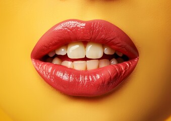 Pink lips with white teeth against a yellow background