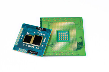 Close up of High performance CPU or central processor unit or Computer processor isolated on white background.