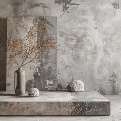 Minimalist Stone Display Platform with Rustic Vase and Natural Elements, Ideal for Organic and Contemporary Product Showcases