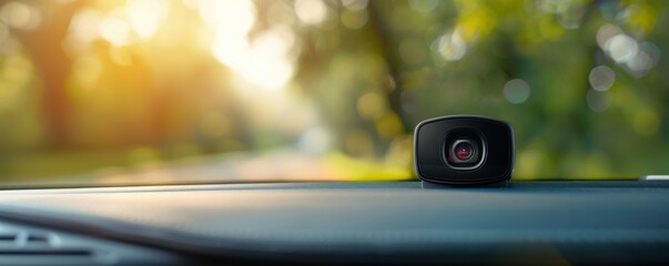 A car dashcam on the dashboard, capturing a scenic road with trees and sunlight. Safety and driving technology concept.