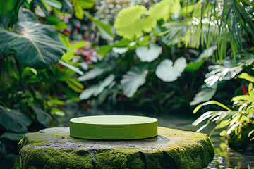 Green Display Platform on Moss-Covered Stone in Tropical Garden, Perfect for Natural and Organic Product Showcases
