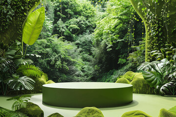 Eco-Friendly Green Display Platform in Lush Jungle Setting, Perfect for Natural and Sustainable Product Showcases