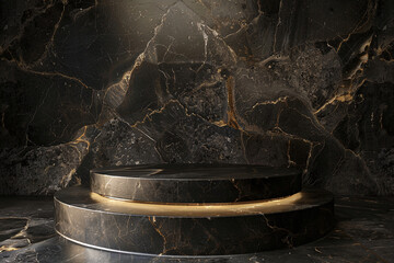Luxurious Black Marble Display Platform with Golden Veins, Ideal for Premium Product Showcases