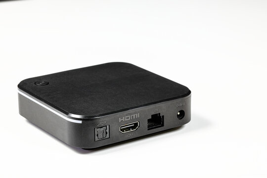 multiple ports or connectors LAN, HDMI, SPDIF of tiny computer or multimedia box or android box isolate on white background.