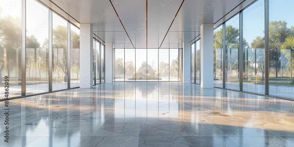 Poster modern office space with large windows and a view of trees