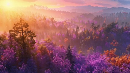 An expansive view of an autumn forest showcasing a spectrum of purple and lavender shades, the...