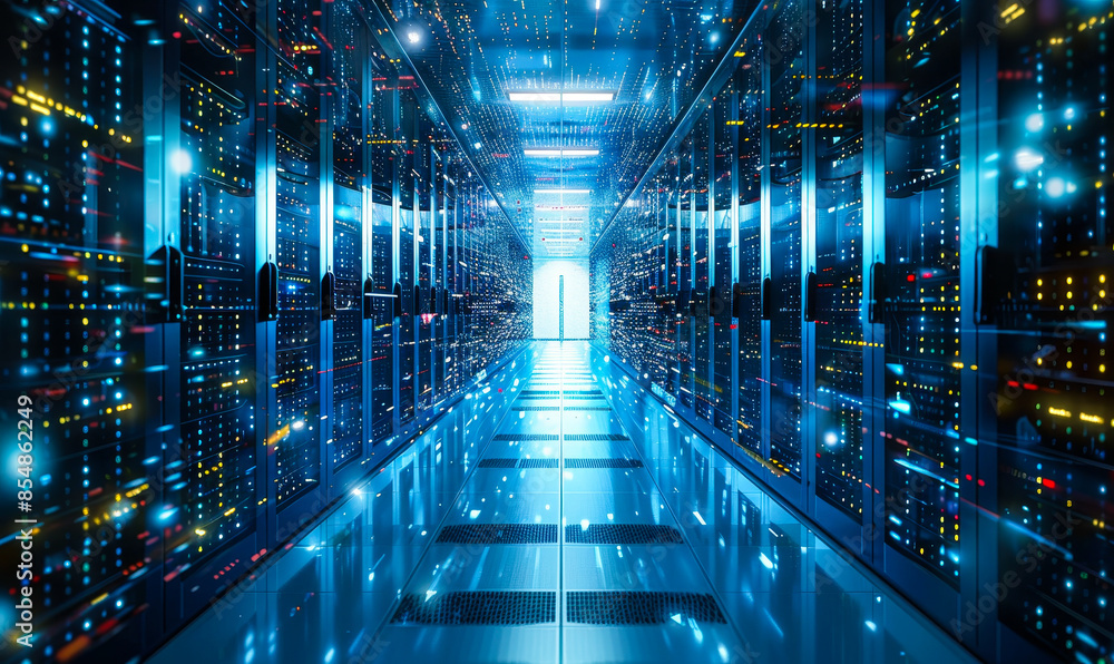 Poster futuristic data center corridor with rack servers and supercomputers showing internet connection vis