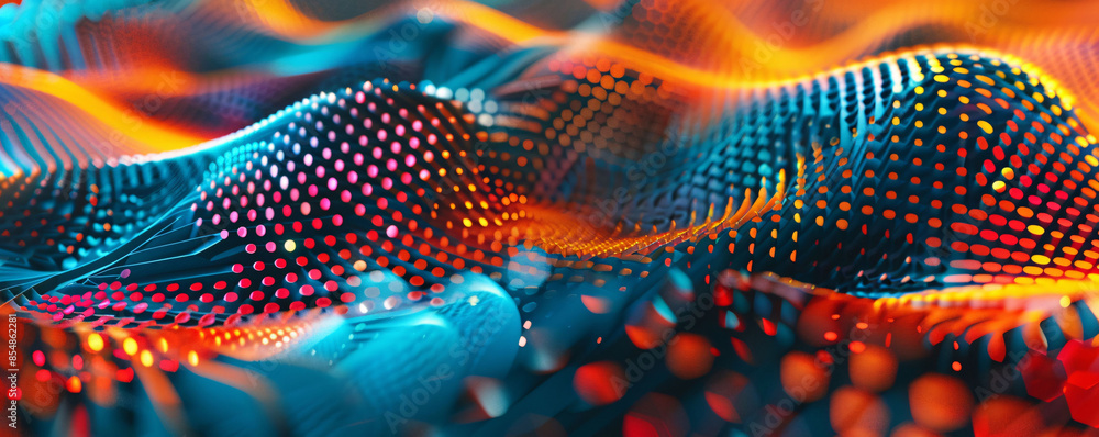 Poster particle space lines background 3d rendering, background of abstract polka dot particles with techno