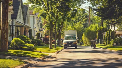 Fototapeta premium Small cargo delivery van driving in european city central district. Medium lorry minivan courier vehicle deliver package at residential office building in downtown area. Commercial shipping logistics.