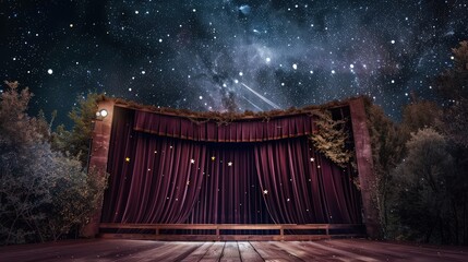 An outdoor theater stage with flowing maroon curtains, set against a backdrop of stars, and a single spotlight illuminating the stage from above, blending nature with dramatic art.