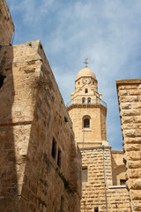 Bell Tower of Abbey of the Dormition of Benedictine Order in Jerusalem, Israel.