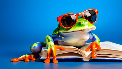 Obraz premium smiling frog where sunglass in blue background reading book 