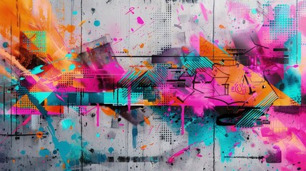 An urban concrete wall splashed with bold graffiti in neon colors, featuring abstract geometric patterns and splatters that provide a lively and chaotic background texture.