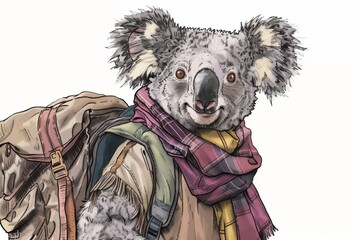 A close-up of a smiling koala wearing a backpack, exploring the ancient ruins of Rome. Illustration on a clear white background --ar 3:2 --style raw Job ID: a7803747-67ff-4408-b102-b5591c6b7f9d