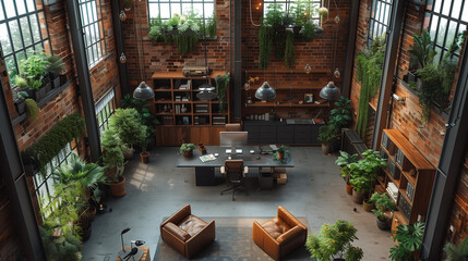 Fototapeta premium Lush industrial workspace with greenery and modern decor