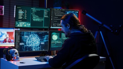 Hacker drinking coffee while running artificial intelligence spyware software designed to gather information from users. Script kiddie doing illegal stuff using AI, consuming beverage, camera B