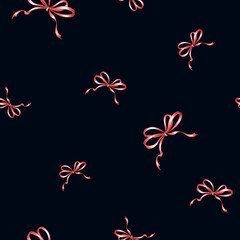 Bows and ribbons Red silk tapes. Seamless pattern, festive background. Hand drawn watercolor illustrations. Template for wallpaper, wrapping, textile, coquette core, gifts, girls decor, Valentines.