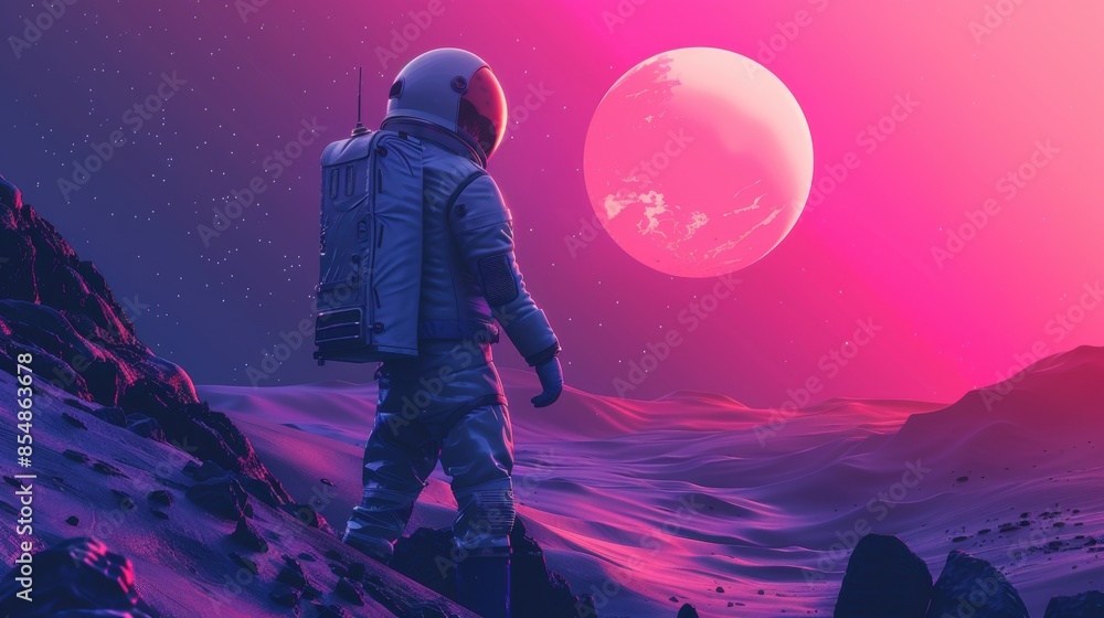 Sticker a man in a spacesuit stands on a rocky surface with a large pink planet in the b
