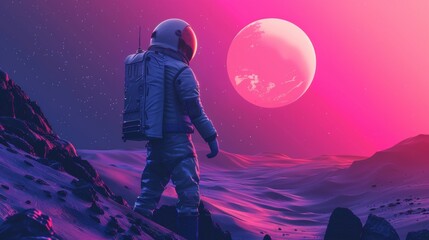 Obraz premium A man in a spacesuit stands on a rocky surface with a large pink planet in the b