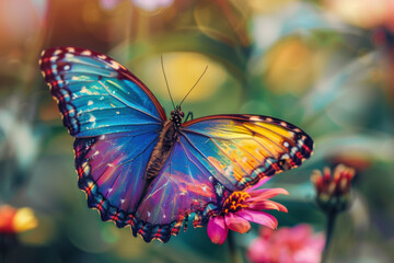 Colorful Butterfly on Flower at Sunrise.  A mesmerizing, vibrant butterfly with multi-colored wings perched on a flower in a sunlit garden, captured during the early morning hours.