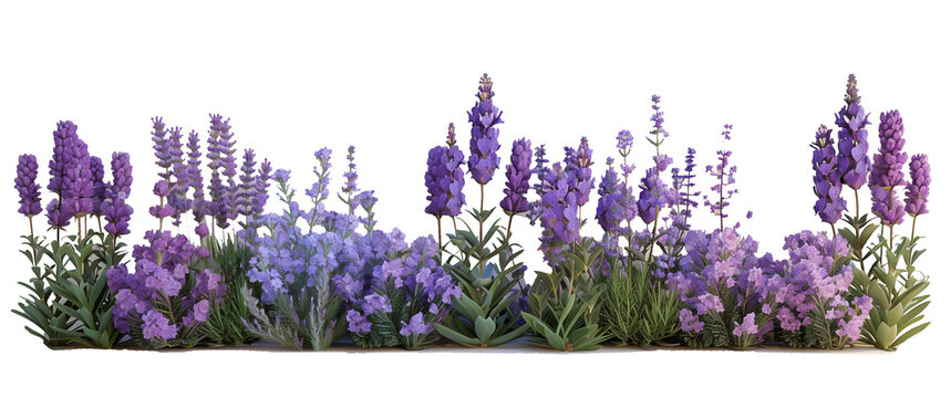 Beautiful array of purple flowers in full bloom, set against a transparent  background. Ideal for gardening, floral arrangements, and nature-themed designs.