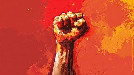 A red background with a fist raised in the air