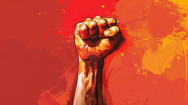 A red background with a fist raised in the air