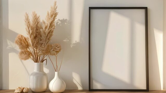 Black frame mockup with white background on the wall side table with vase and dried flowers.