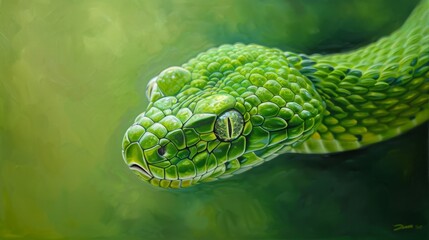 Fototapeta premium Close-up of a Green Snake on a Green Background, Generative AI