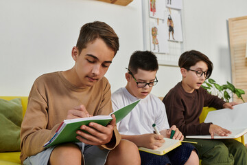 Three boys are sitting on a couch, studying together at home.