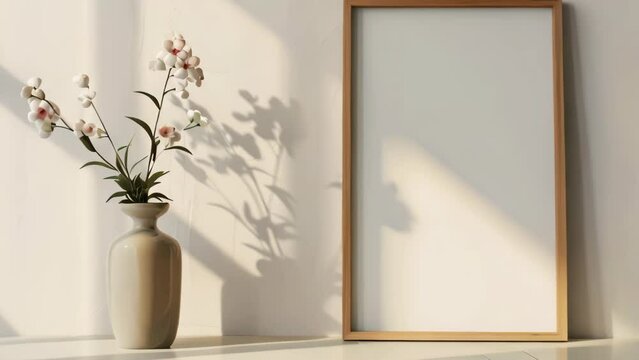 Black frame mockup with white background on the wall side table with vase and dried flowers.