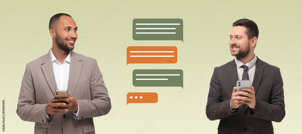 Poster men with smartphones texting on color gradient background, banner design. message bubbles between th