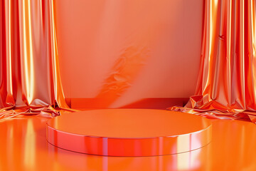 Glossy Orange Display Platform with Draped Satin Background, Perfect for Luxurious Product Showcases