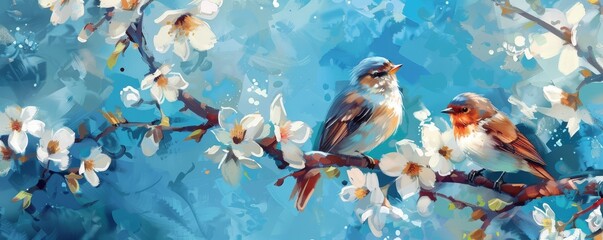 White-flowered tree with two birds; vertical oil painting, blue background, printable interior wall art, generative AI
