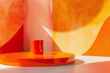 Vibrant Orange Display Platform with Artistic Backdrop, Ideal for Bold and Dynamic Product Showcases