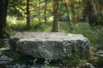 Rugged Stone Platform in Sunlit Forest Glade, Perfect for Natural and Rustic Product Displays