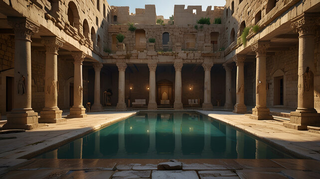 Pool of Bethesda, where Jesus healed the paralyzed man. The scene shows a serene pool surrounded by ancient stone structures and columns. The water is calm and reflective