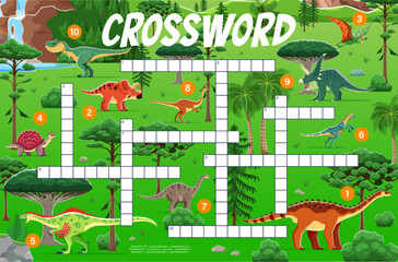 Crossword quiz game grid with cartoon dinosaurs and funny dino, vector worksheet. Kids crossword game to guess words of dinosaurs in Jurassic park jungles with lizard Aegyptosaurus, Tapejara or Raptor