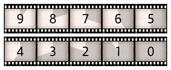 Movie countdown grunge film strip with count numbers in retro filmstrip frames, vector background. Cinema screen with countdown in grunge filmstrip for movie theater or cinematograph retro display