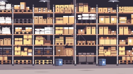 A warehouse with many boxes on shelves