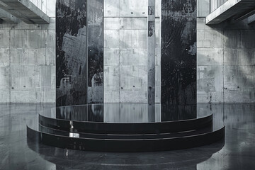 Sleek Black Display Platform in Industrial Concrete Setting, Ideal for Modern and Edgy Product Showcases