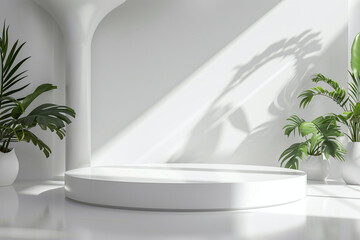 Sleek Circular White Display Platform in Bright Minimalist Space with Lush Green Plants