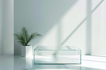 Minimalist Glass Display Platform in Bright Room with Palm Plant, Ideal for Modern Product Presentation