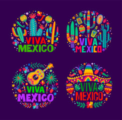 Viva Mexico Mexican independence holiday labels with cacti and sombrero hat, tropical flowers and guitar, maracas, tequila and jalapeno in alebrije style. Isolated vector round emblems for Latin event