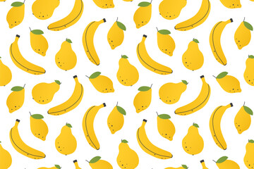 seamless yellow summer pattern with banana, lemon, pear fruits, perfect for tablecloths, wallpapers, stationery items and design for summer events or farmers' markets- vector illustration