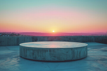 Circular Display Platform at Sunset, Ideal for Elegant Product Presentation in Serene Outdoor Setting