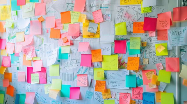Whiteboard filled with colorful sticky notes containing handwritten notes, sketches, and diagrams.