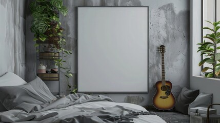 Blank frame on Wall in a teenagers room. Mock up template for Design or product placement with guitar on bed.