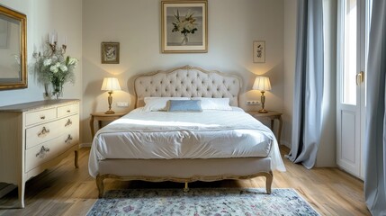 Bedroom in soft light colors. Big comfortable double bed in elegant classic room.