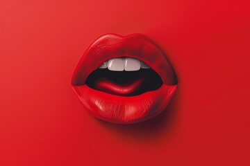 Artistic close-up of open red lips with white teeth on red background